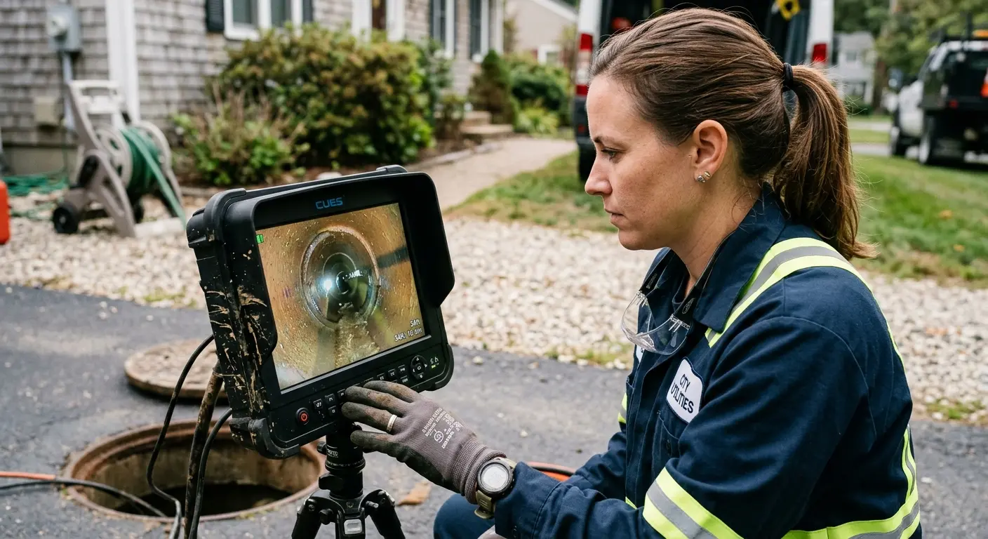 Technician reviewing sewer camera inspection footage in Port Royal