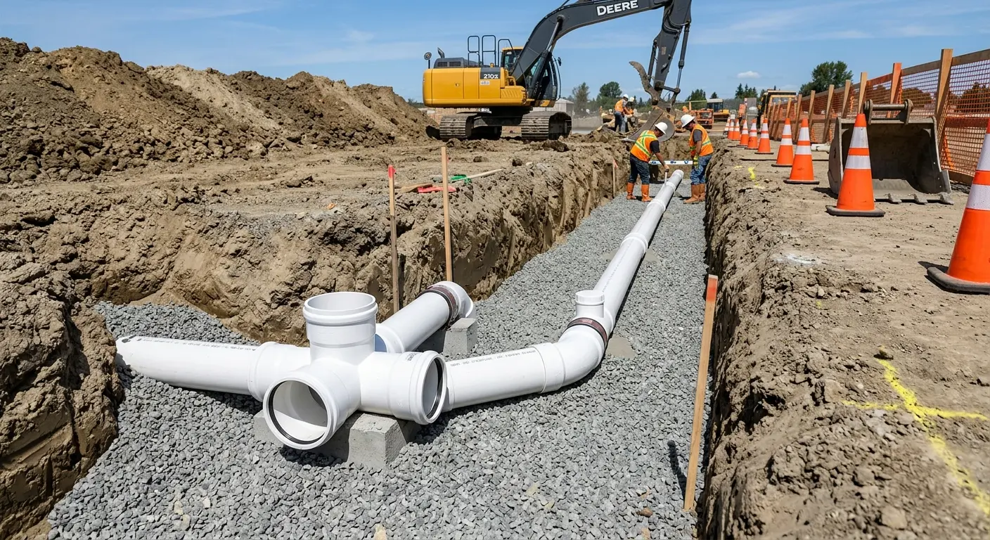 New PVC sewer pipe installation in open trench for Sewer Backup in Port Royal