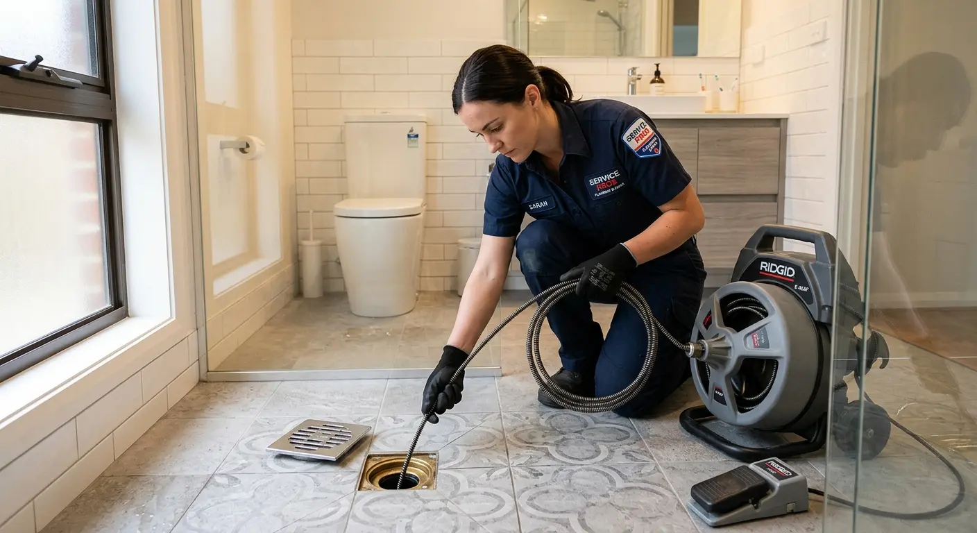Technician clearing a bathroom floor drain for Hydro Jetting in Port Royal